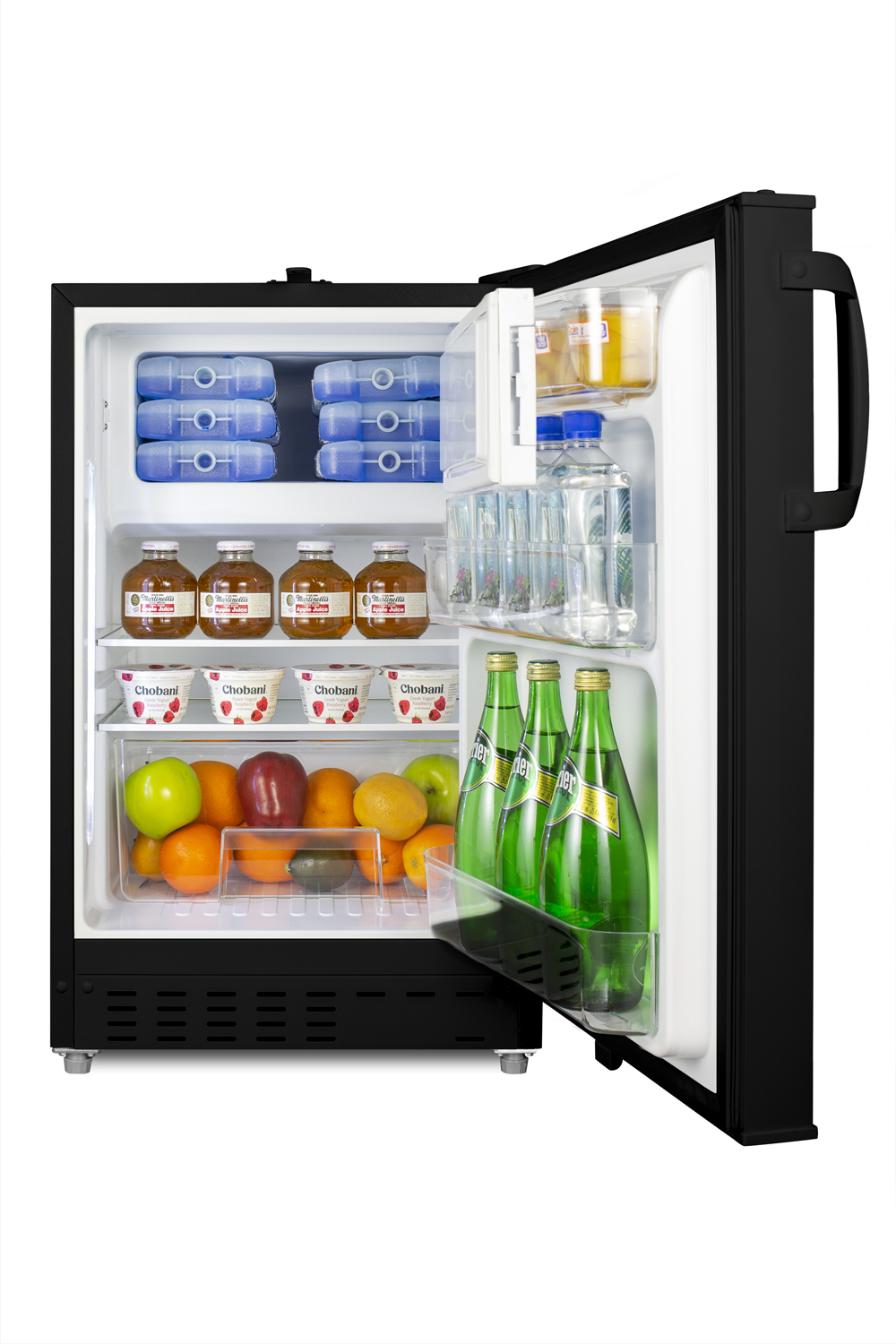 Built-in undercounter, ADA compliant refrigerator-freezer in black, designed for general purpose storage, manual defrost with glass shelves, front lock, and door storage
